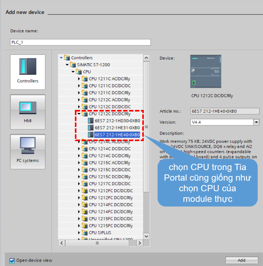Chọn CPU trong Tia Portal